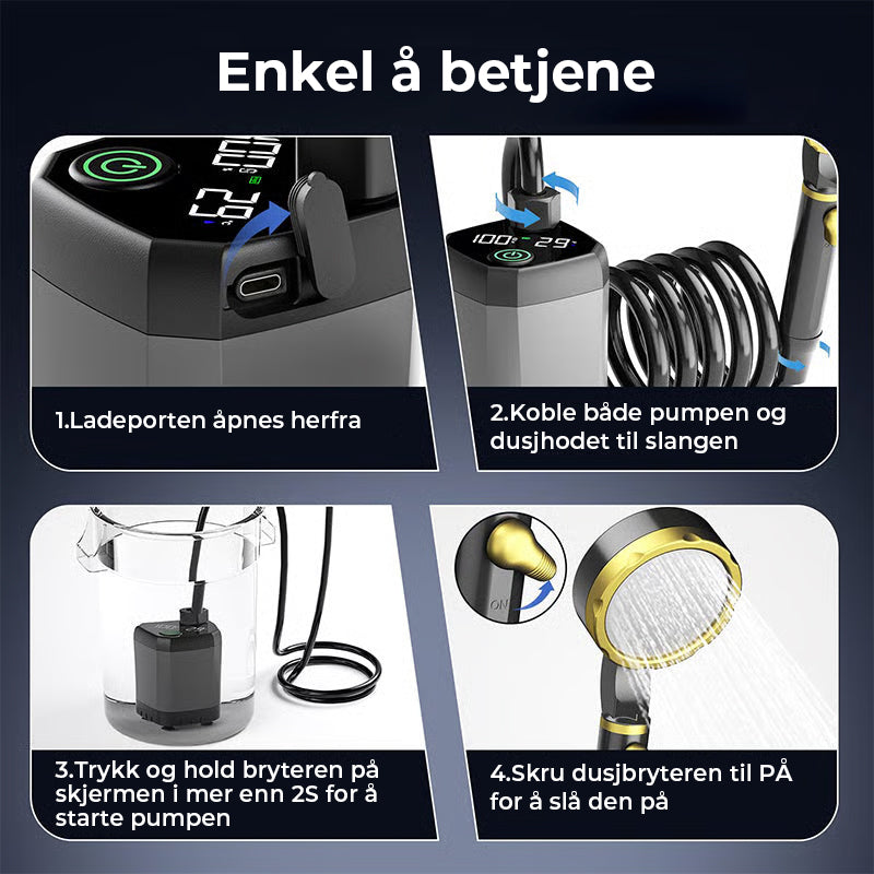 Bærbar, oppladbar utendørs campingdusjpumpe