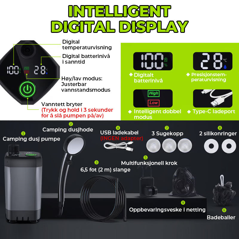 Bærbar, oppladbar utendørs campingdusjpumpe