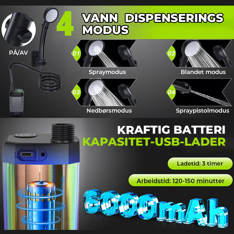 Bærbar, oppladbar utendørs campingdusjpumpe