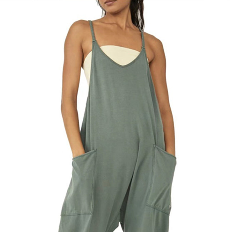 Ensfarget Jumpsuit med V-hals Sling Pocket